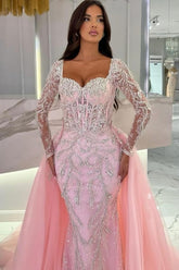 Stunning Pink Mermaid Sweetheart Long Sleeves Beaded Panel Train Tulle Evening Dresses With Sequins